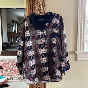 Red Paisley Blouse 90s Button Up Shirt Long Sleeve Top Retro Boho Hippie Psyched